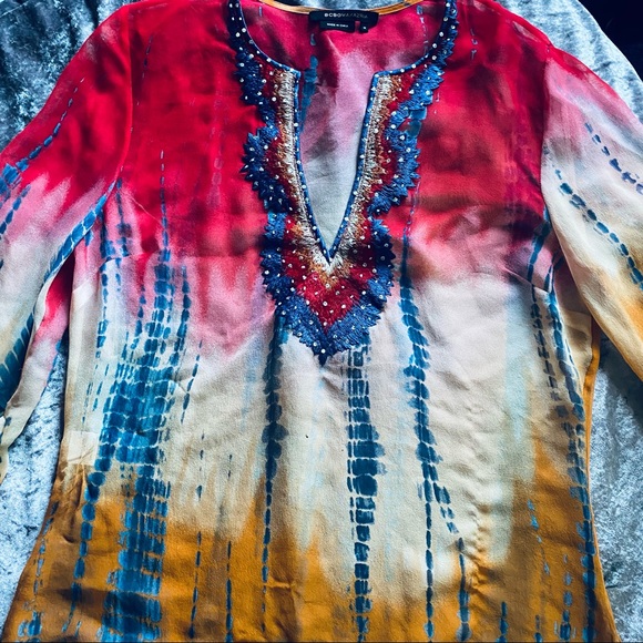 BCBG Tie dye sheer embroidered tunic medium - Picture 2 of 7